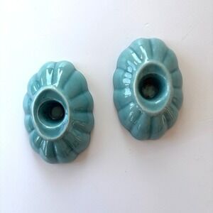 Vintage Kellems Pasadena Turquoise Blue Scalloped Ceramic Candle Holders Pair